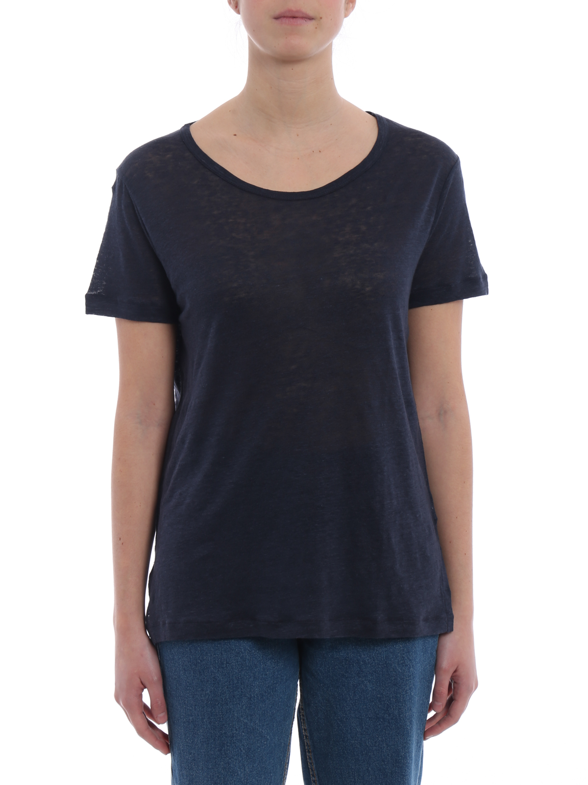 Navy blue linen scoop neck T-shirt 