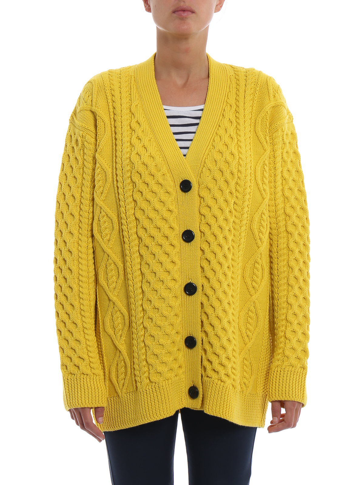 Yellow cable knit merino wool cardigan 