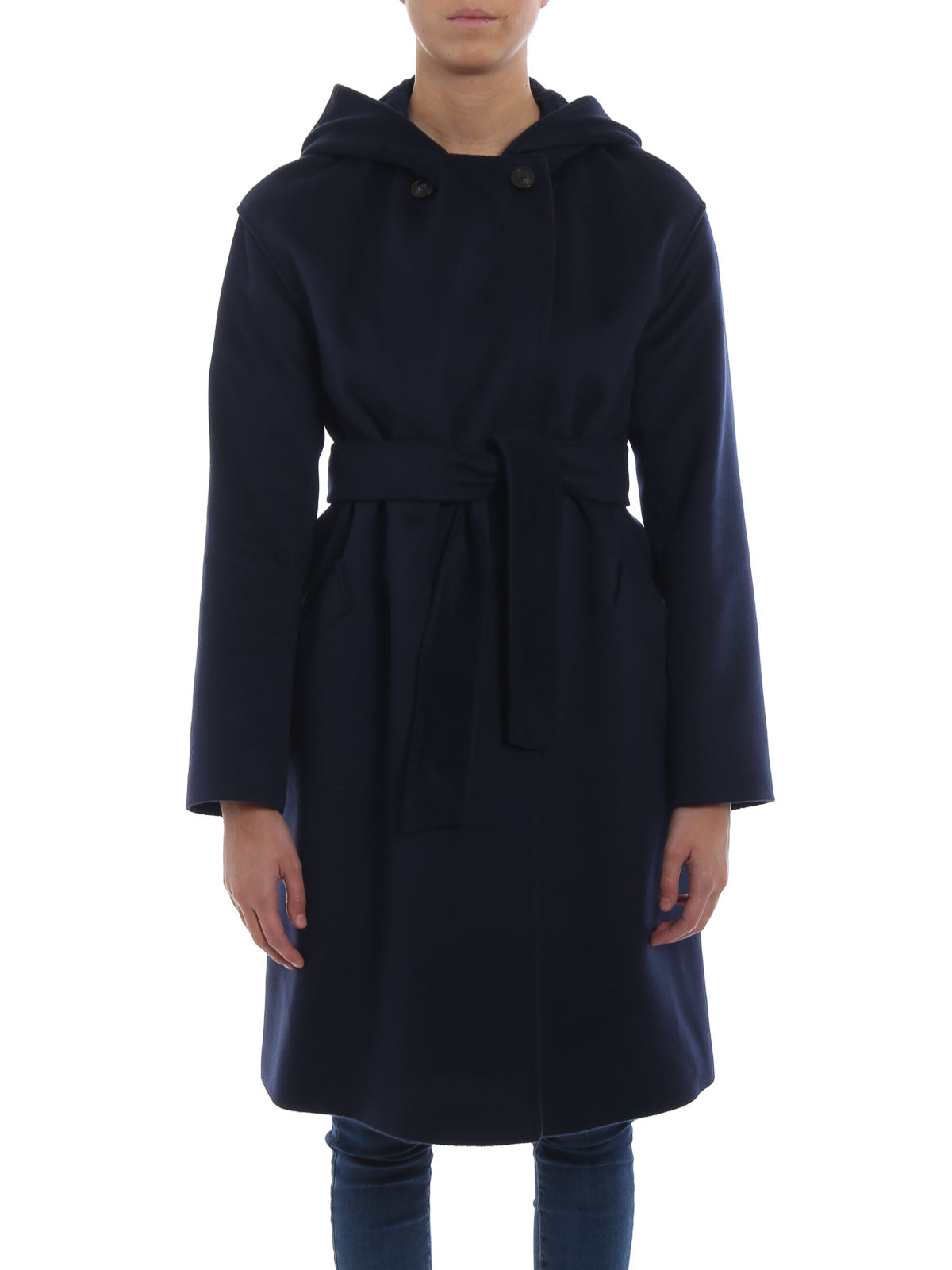 Knee length coats Max Mara - Bardies dark blue wool cloth hooded coat ...