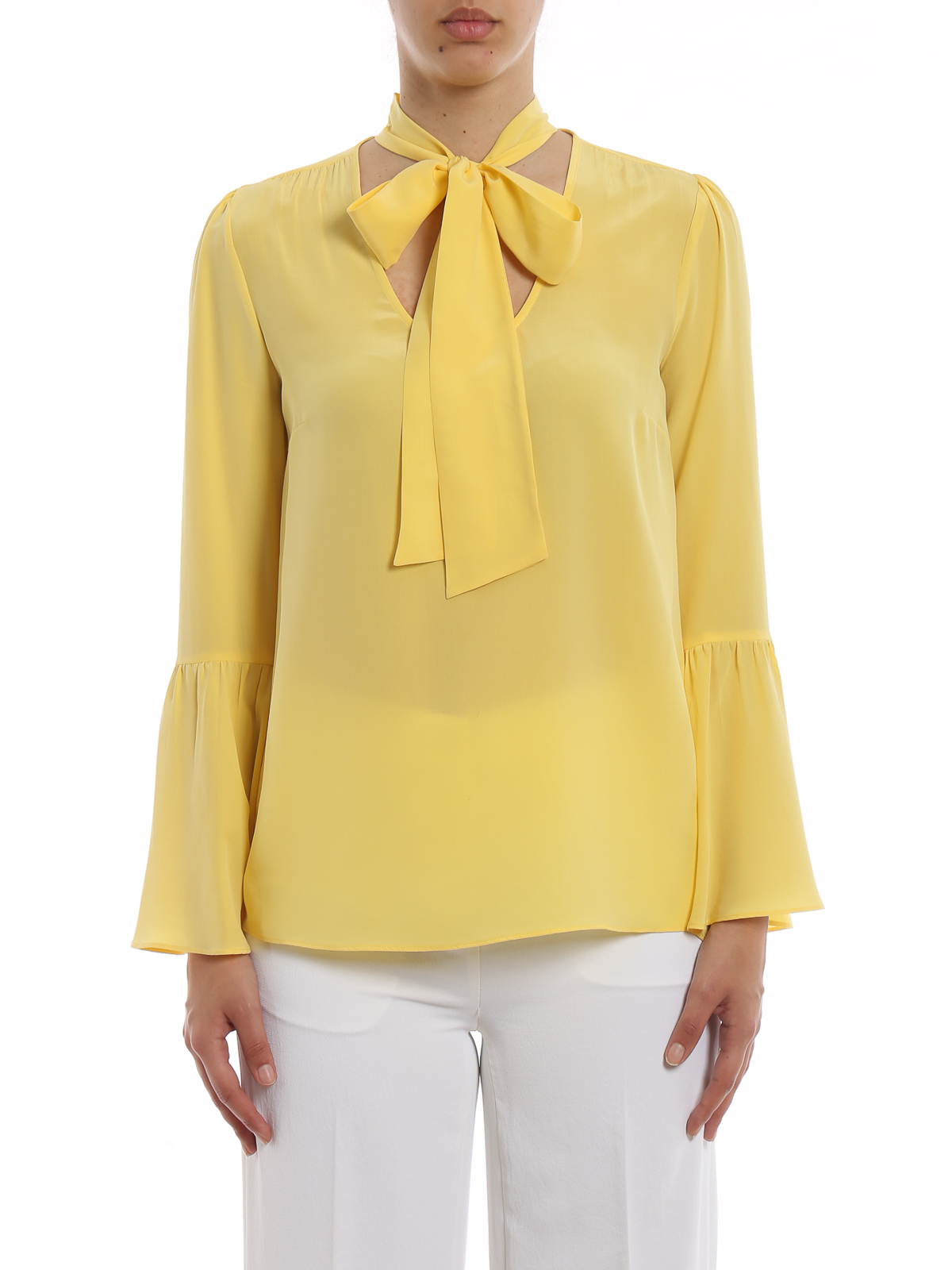 Yellow silk pussy bow fastening blouse 