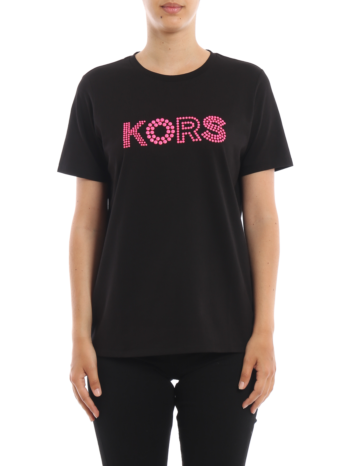 T-shirts Michael Kors - Fuchsia studded logo black T-shirt - MU95M9697J697