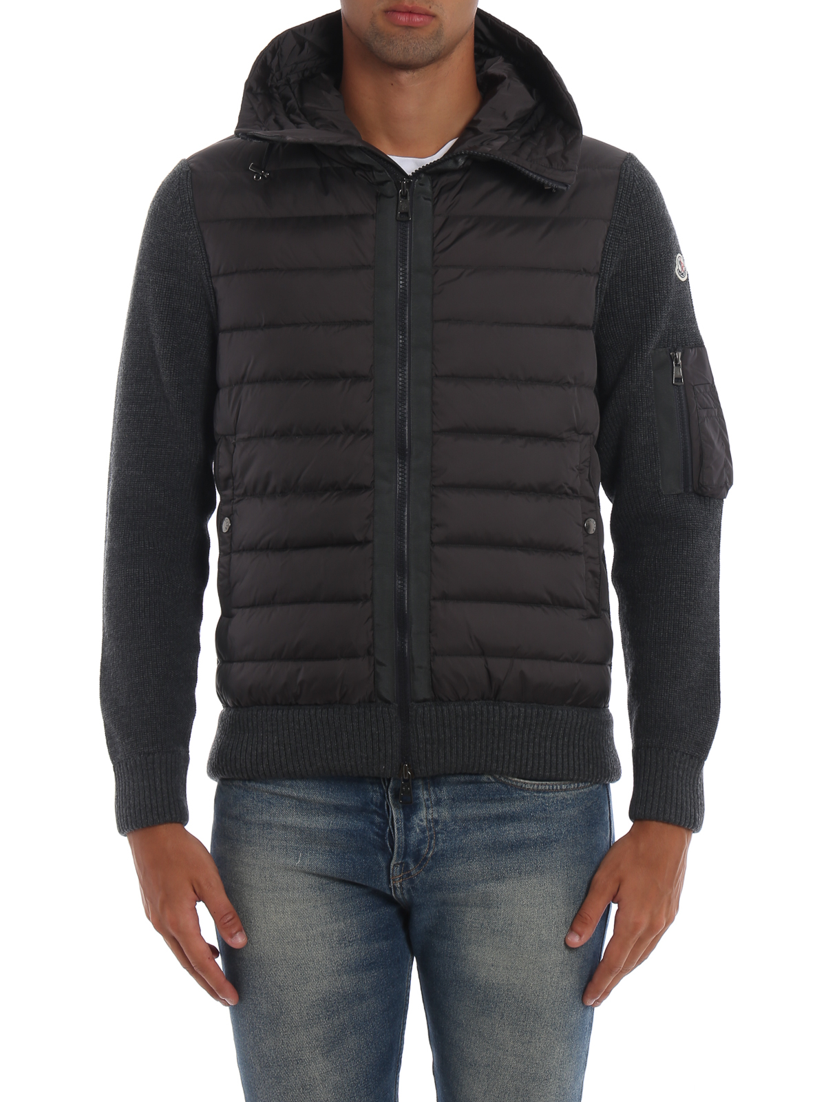 Cardigans Moncler - Puffer nylon hood and front zip knit cardigan ...