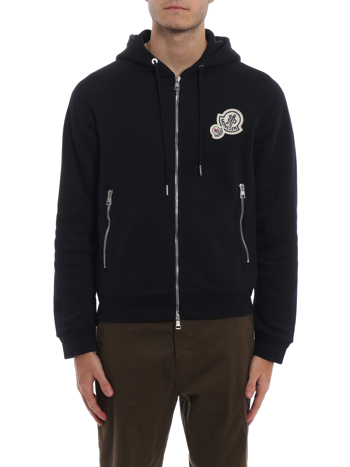 Sweatshirts & Sweaters Moncler - Double logo patch navy cotton fleece ...