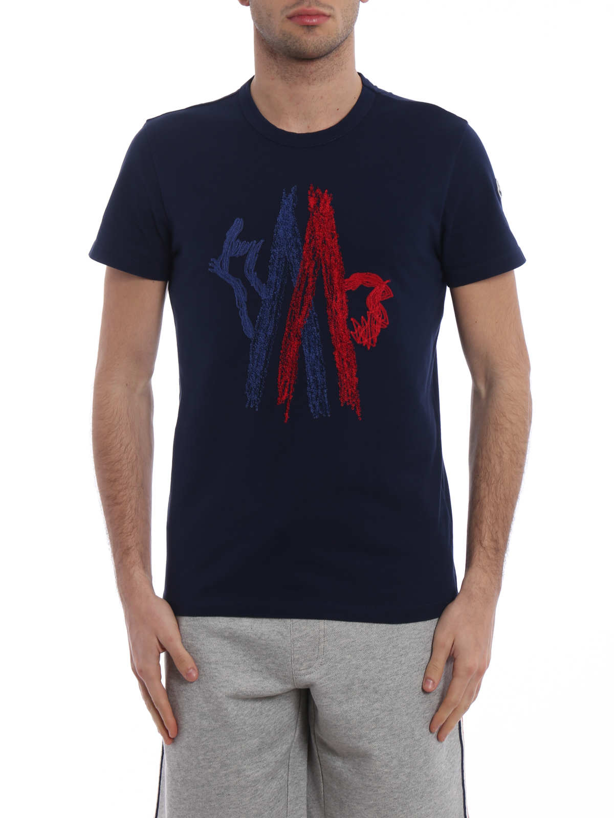 T-shirts Moncler - Two-tone embroidered blue Tee 