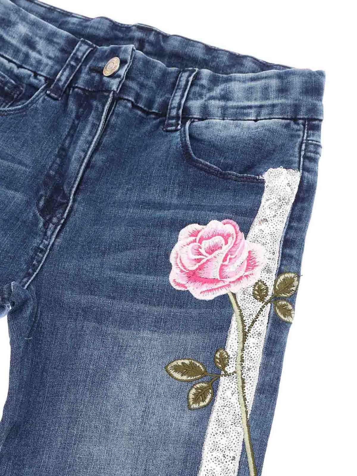 astronomie Zeep Wat is er mis Jeans Monnalisa - Blue jeans with sequins and floral embroidery -  79340030100055