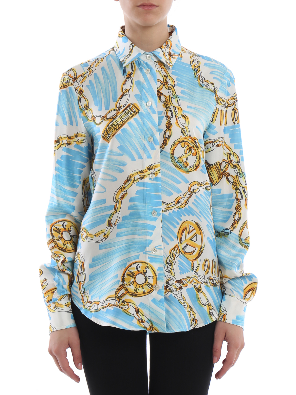 Shirts Moschino - Chain print light blue silk shirt - DJ020404521002