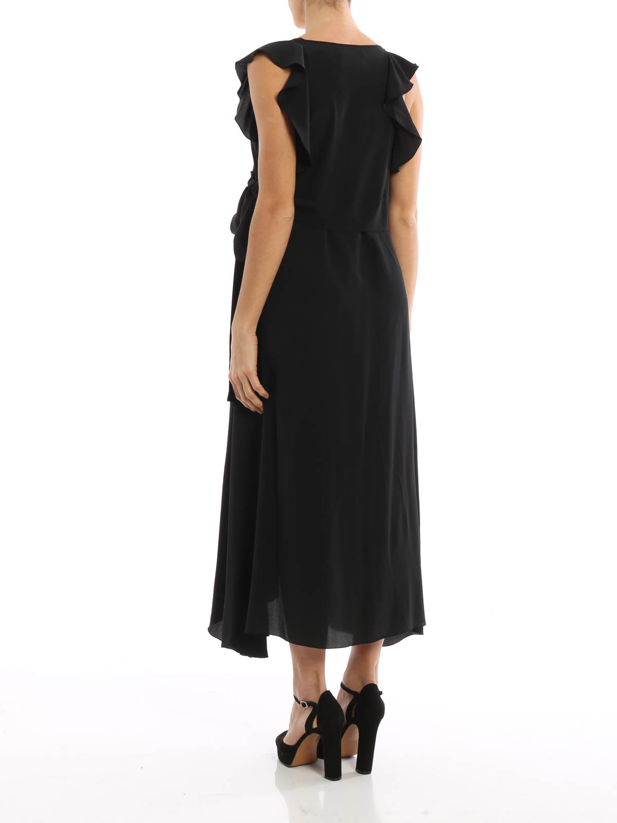 frilled crepe chiffon midi dress