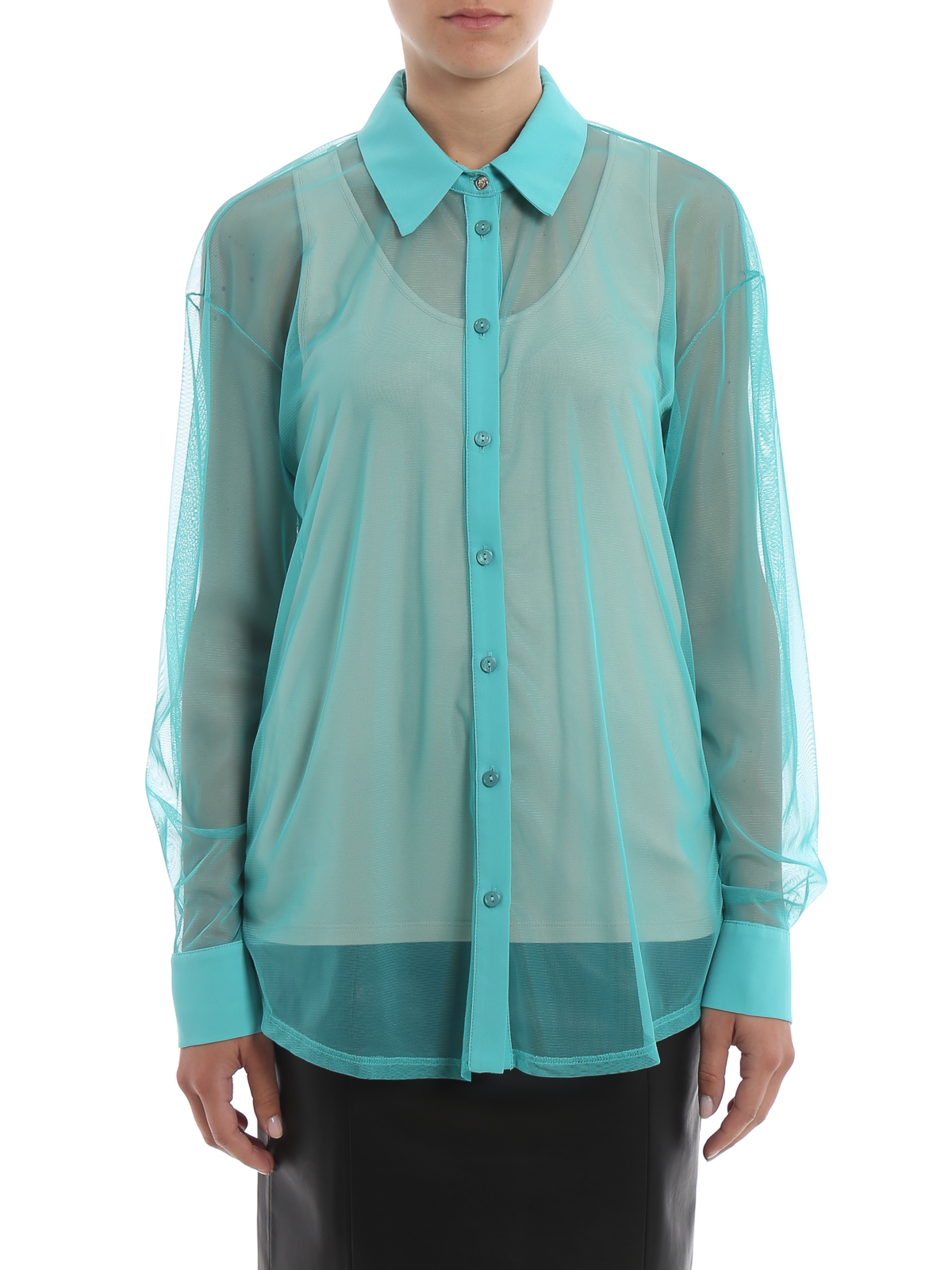blue sheer mesh fabric shirt 