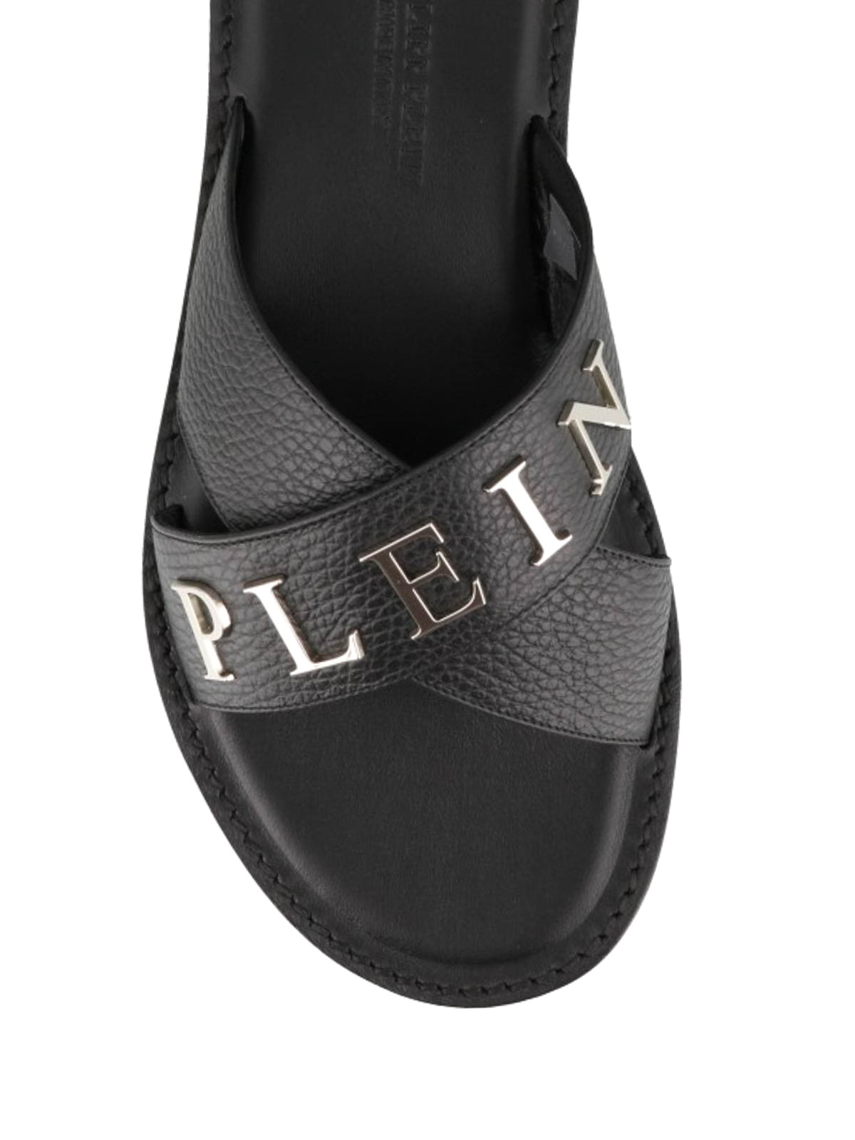 Tuesday mammalian Extreme Sandals Philipp Plein - Metallic logo black leather flat sandals -  MSA0089PLE006N02