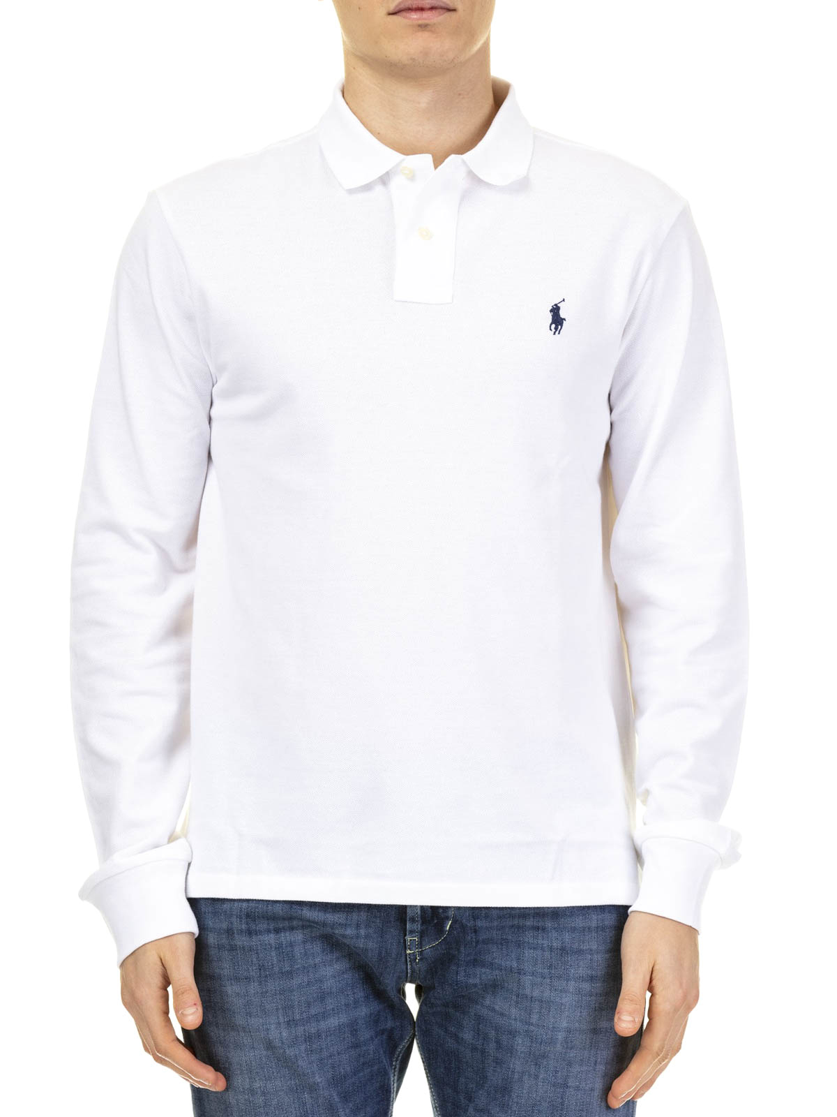 White cotton long sleeve polo shirt 