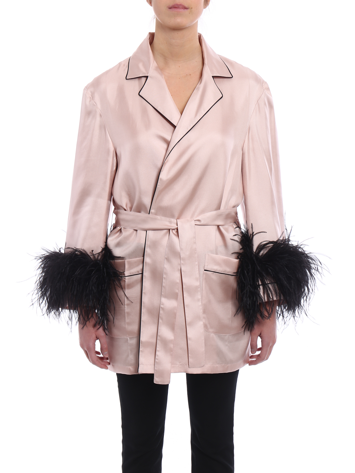 Short coats Prada - Feather cuffs twill silk wrap coat - VT60471QJJ511