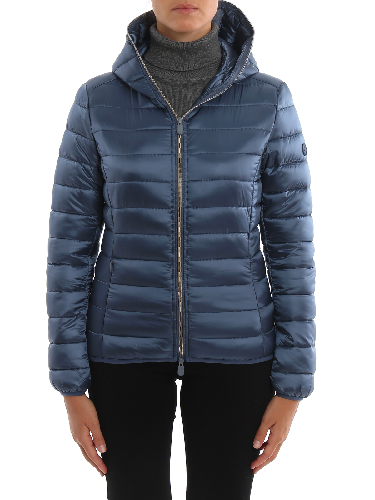 blue hooded puffer jacket