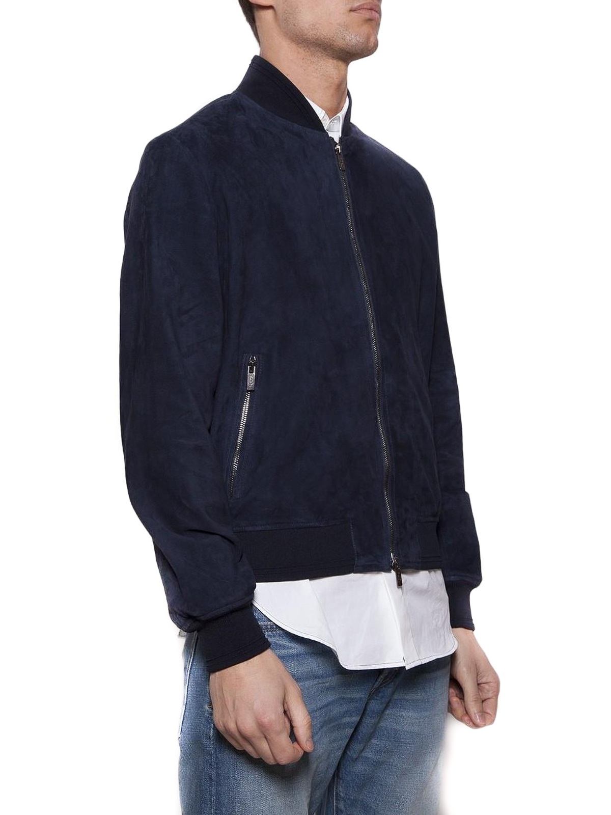 navy suede bomber
