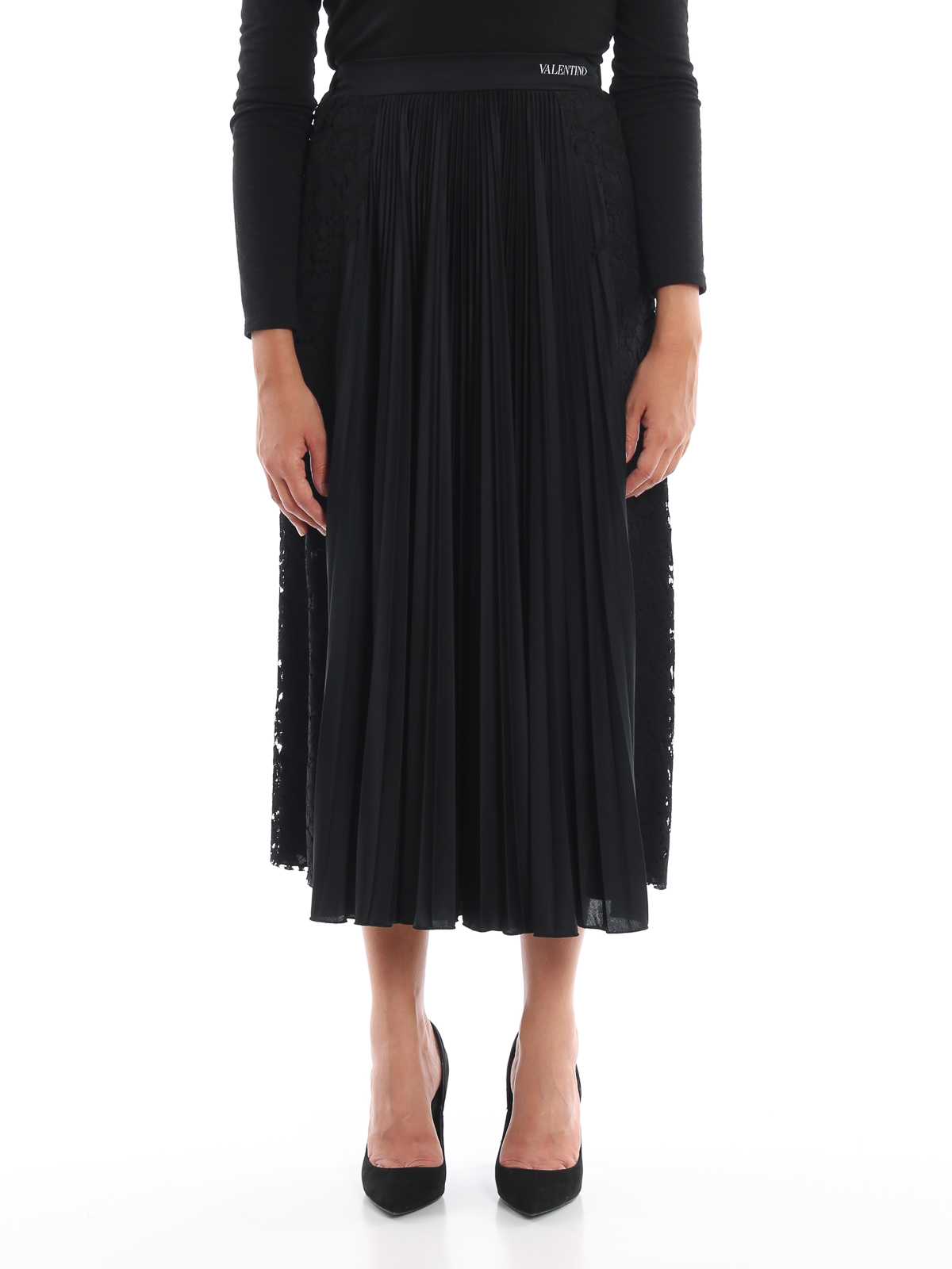 Knee length skirts & Midi Valentino - Tech fabric and lace pleated 
