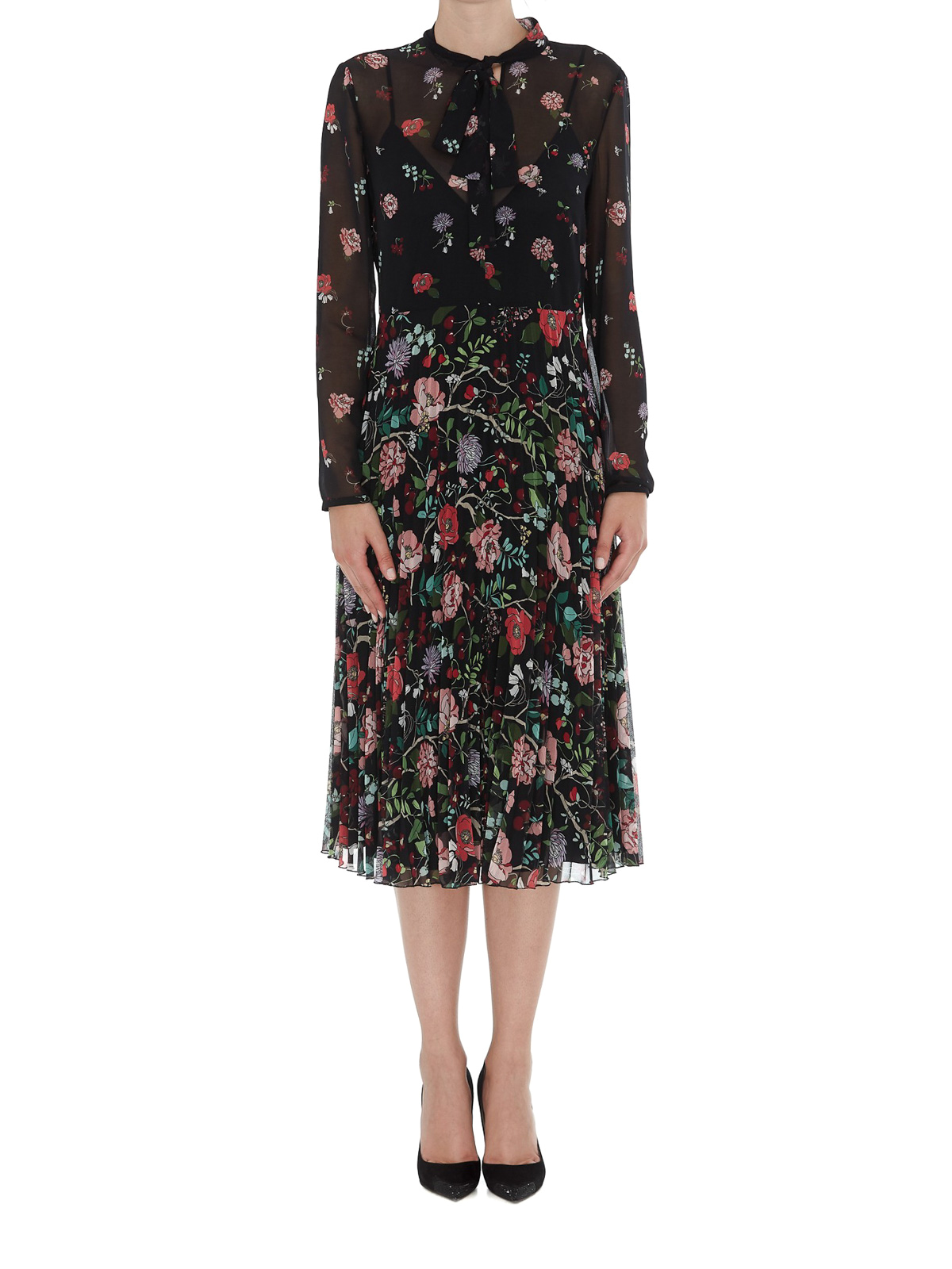 Knee length dresses Valentino Red - Floral printed dress with pleated skirt  - SR3VAF304AN0NO