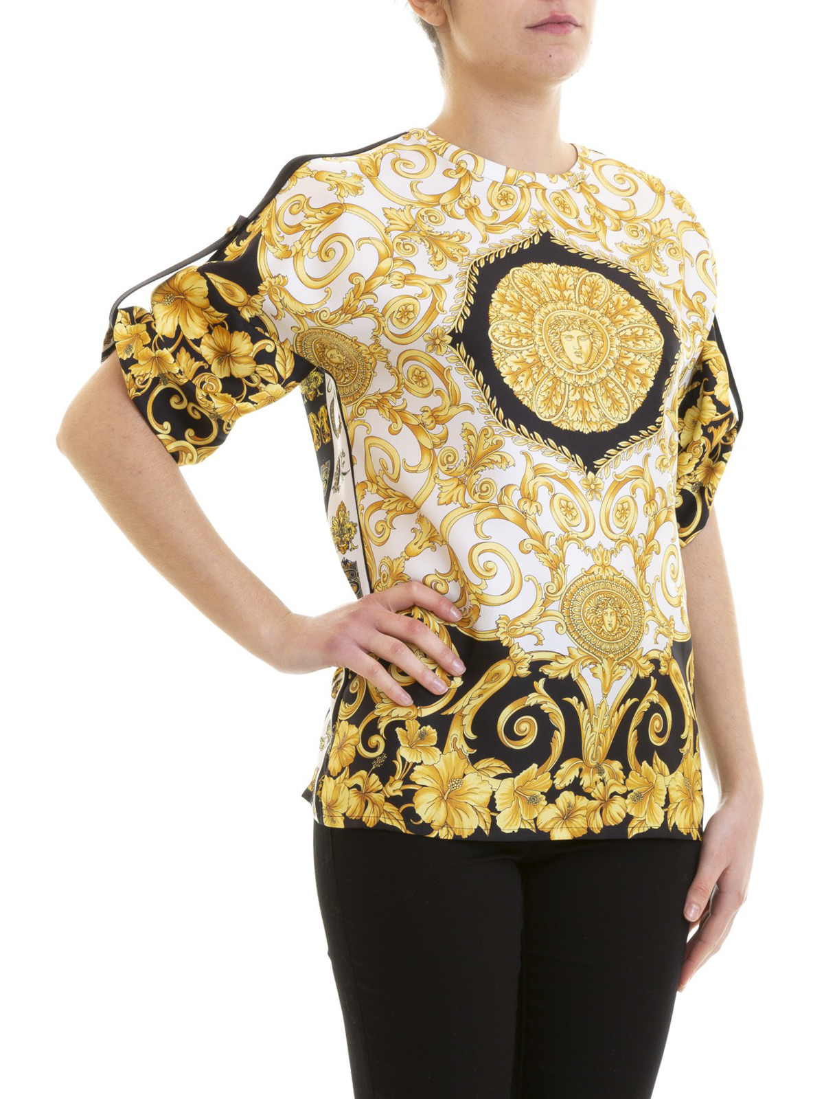Gold Hibiscus print silk blouse 