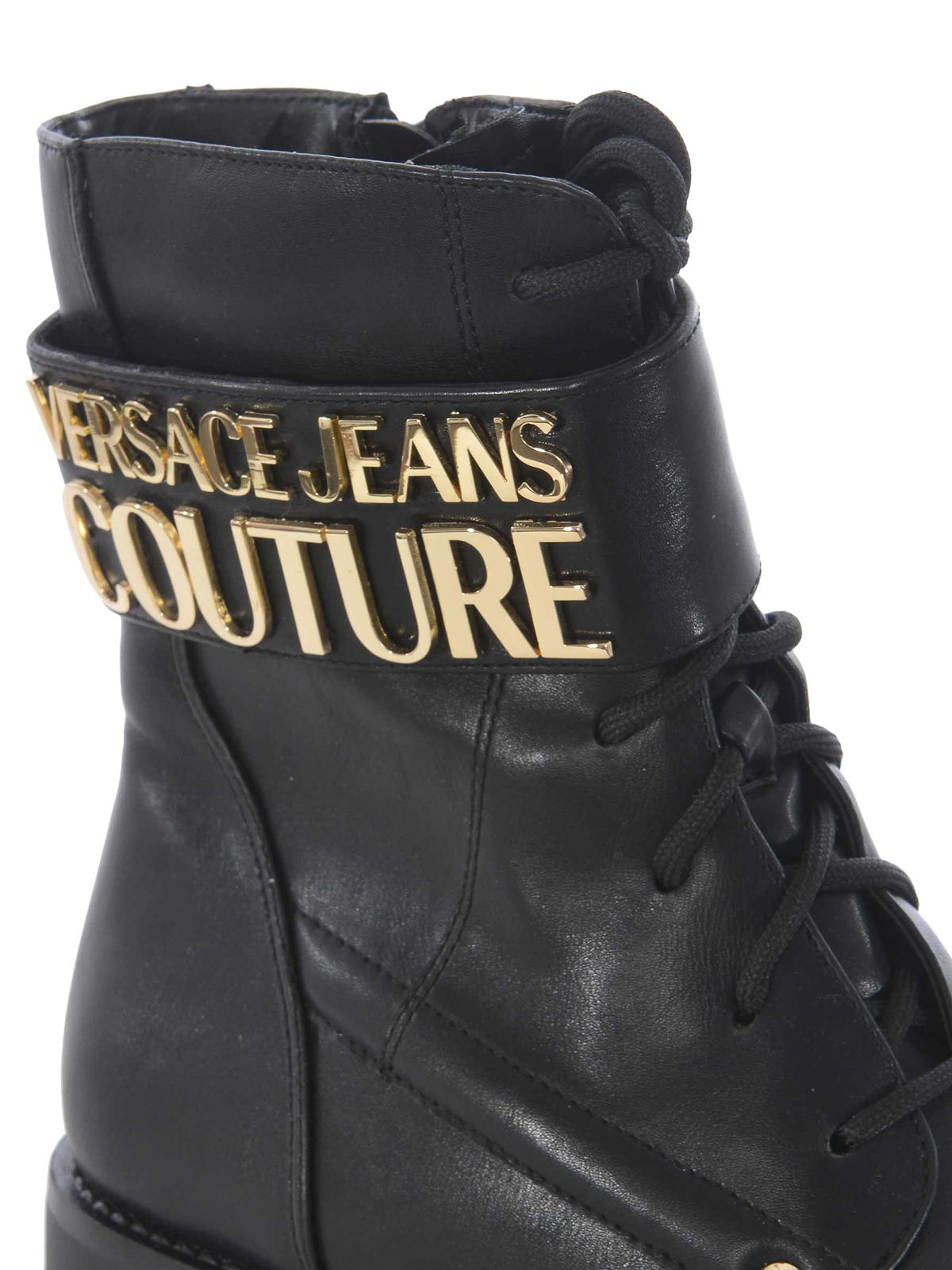 Gold-tone logo faux leather ankle boots 