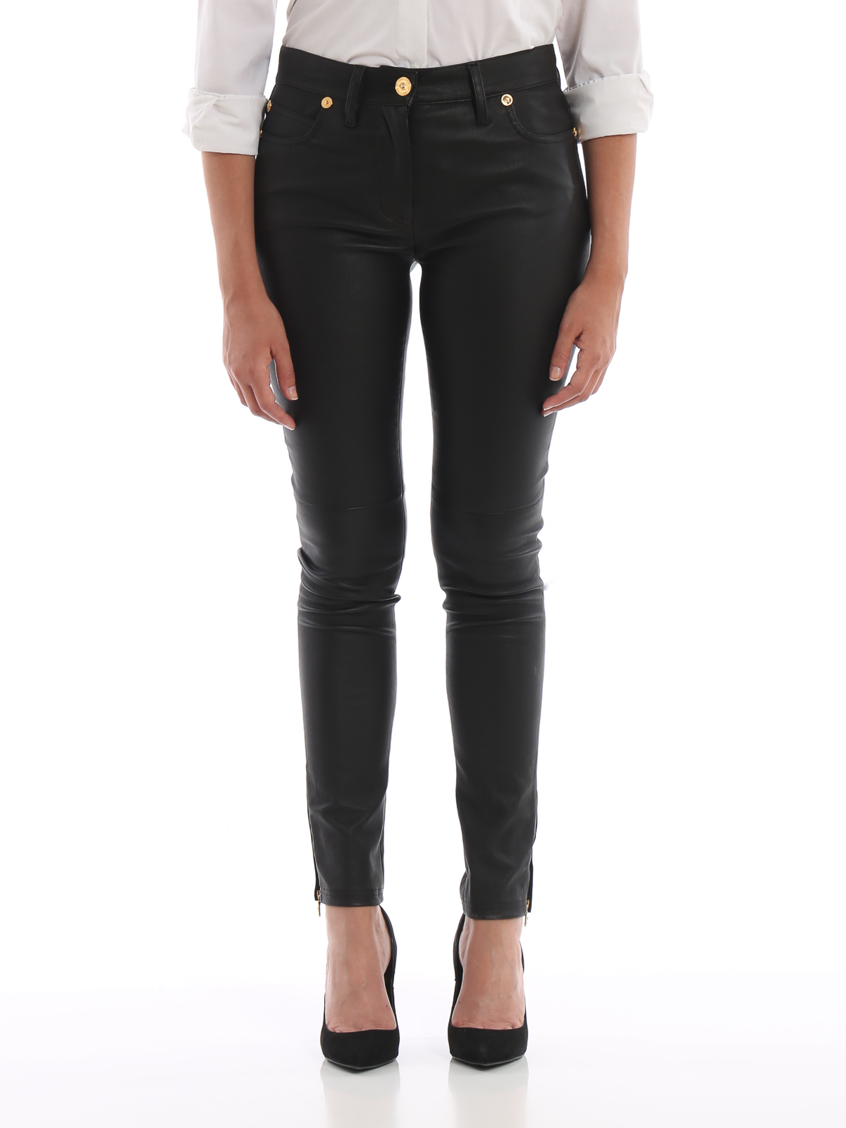 Pantaloni in pelle Versace - Pantaloni in pelle con dettagli dorati -  A83909A228905A1008