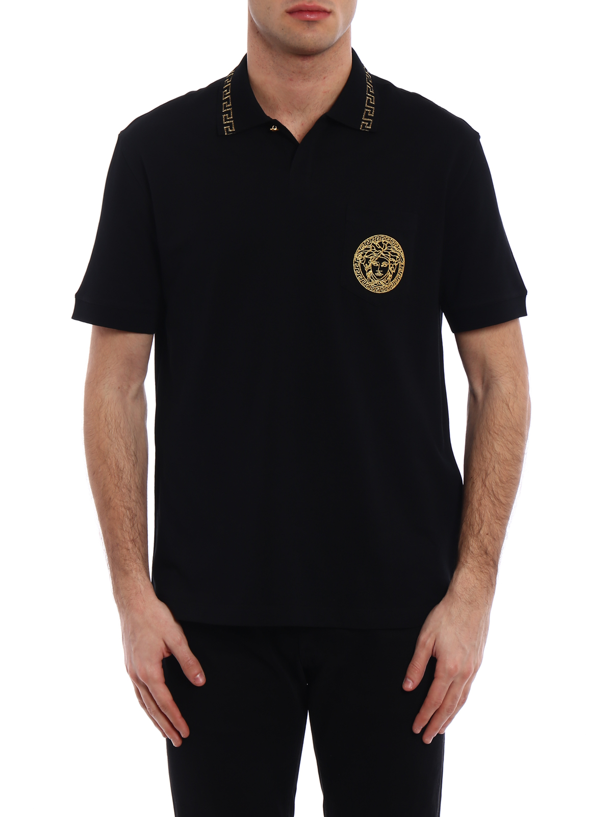 versace polo shirt black and gold online -