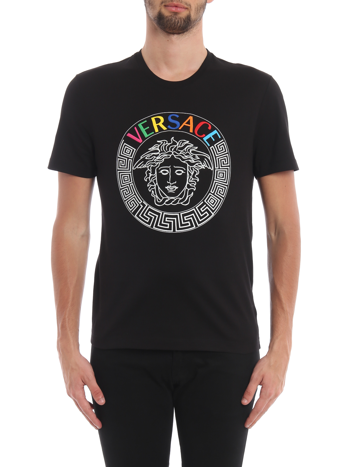 T-shirts Versace - Rainbow logo embroidery black Tee - A82933A224589A008