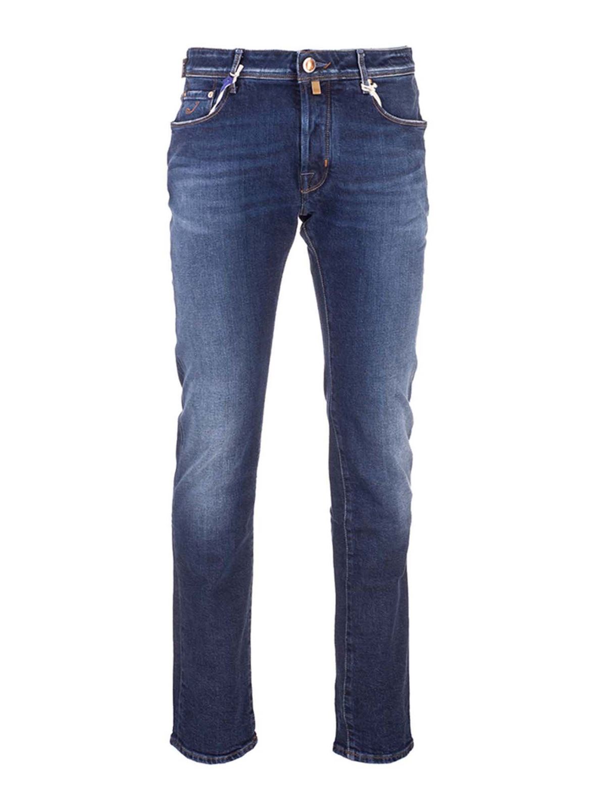 JACOB COHEN LEATHER LOGO LABEL JEANS IN BLUE