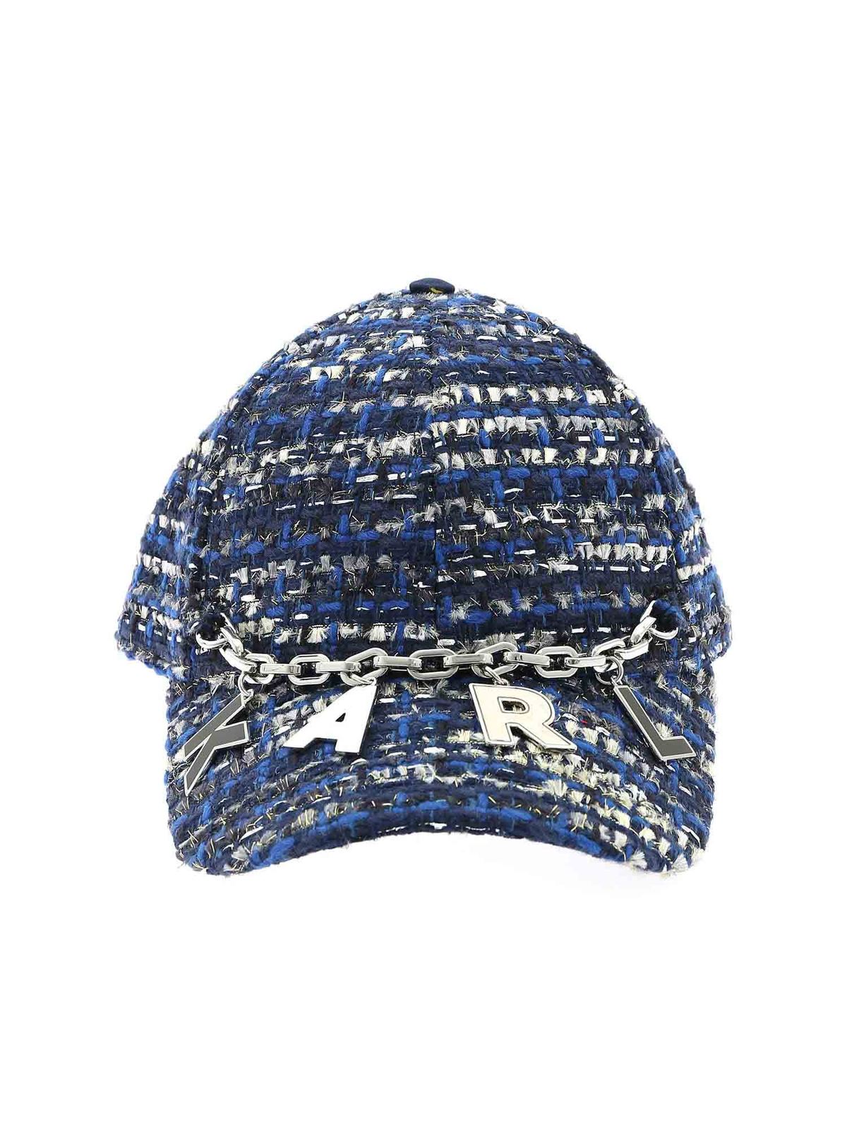 KARL LAGERFELD TWEED LOGO CAP IN SHADES OF BLUE