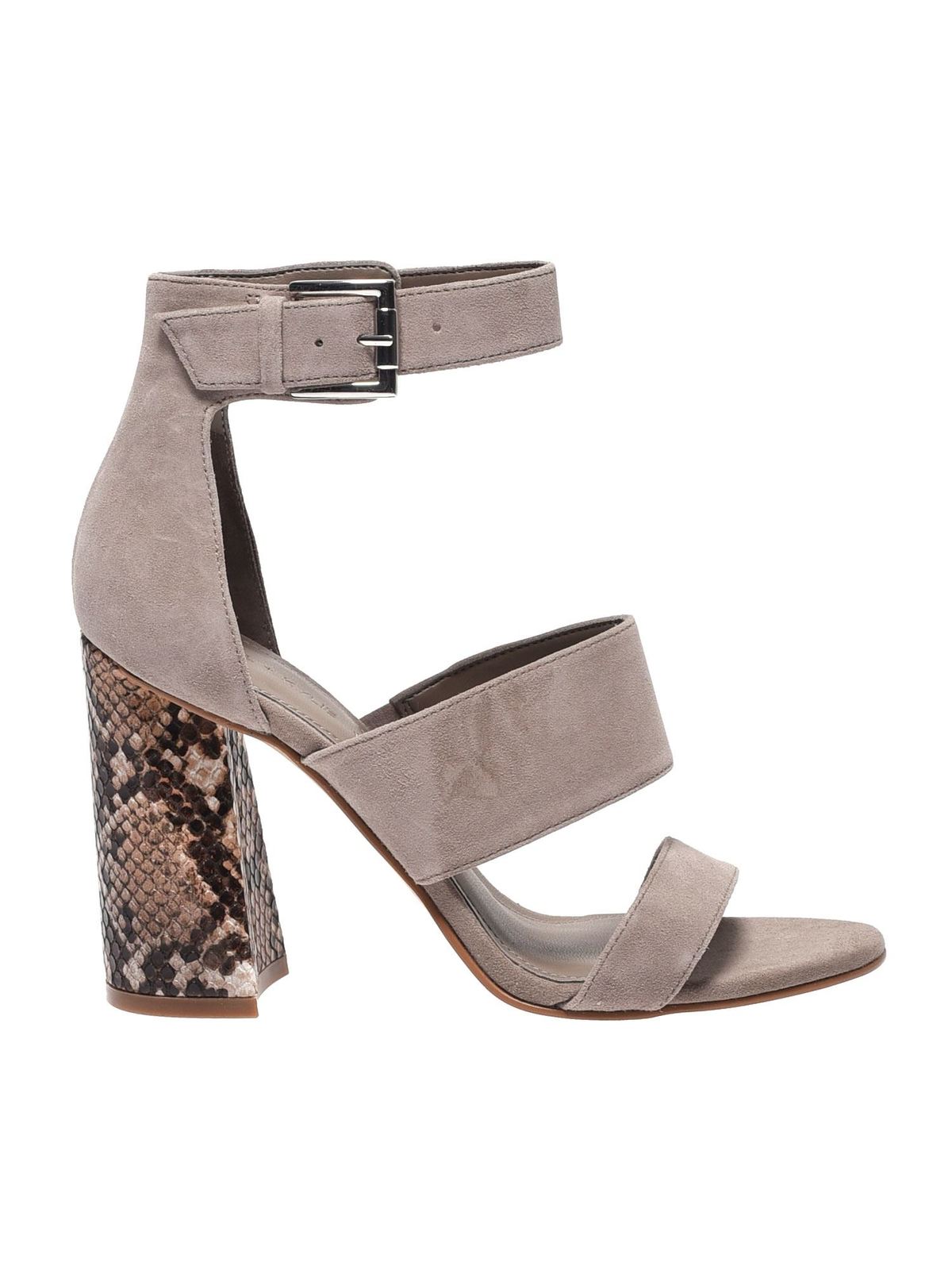 KENDALL + KYLIE TAUPE JAYNE2 SANDALS WITH PYTHON HEEL