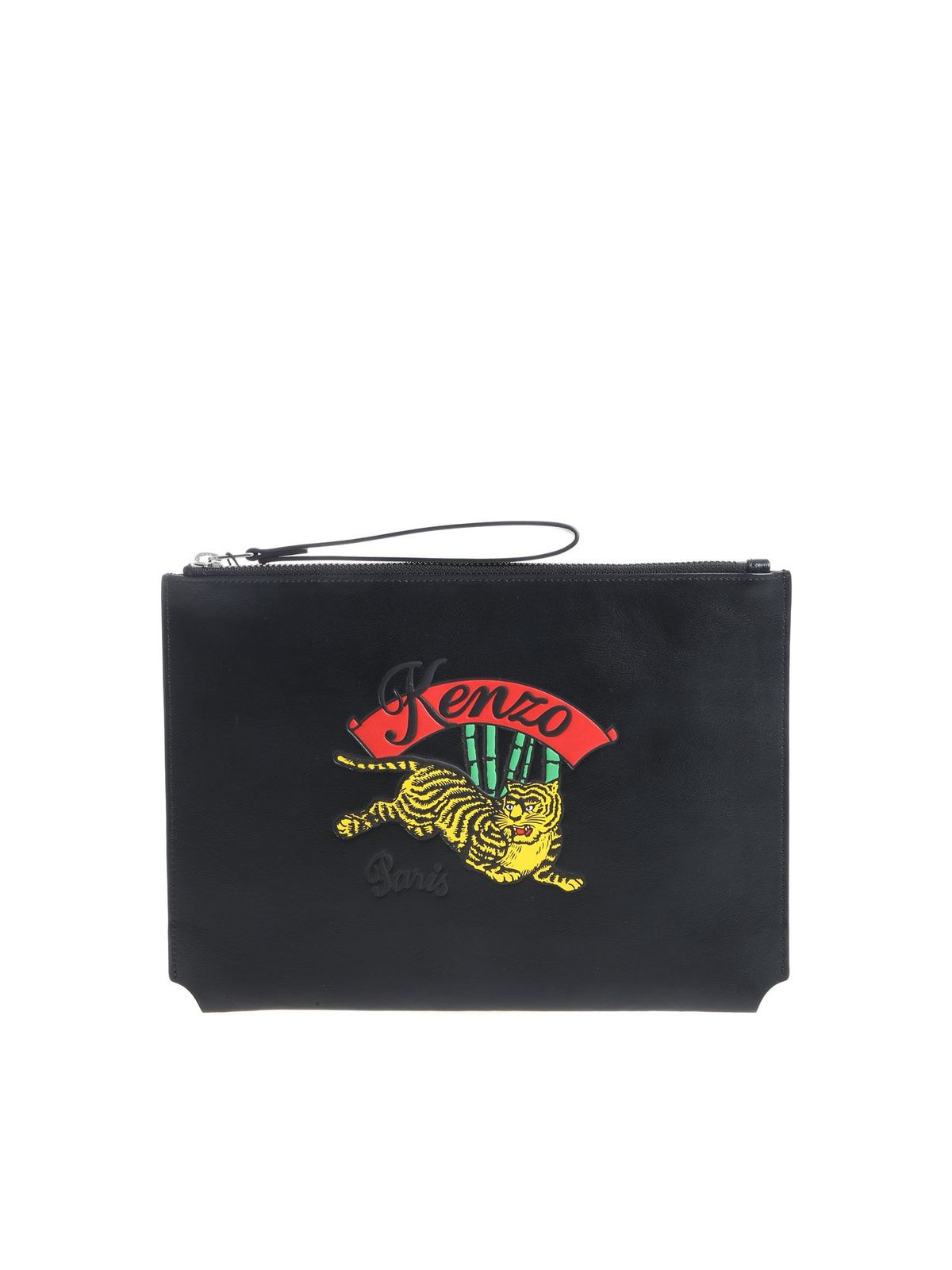 KENZO JUMPING TIGER BLACK LEATHER CLUTCH