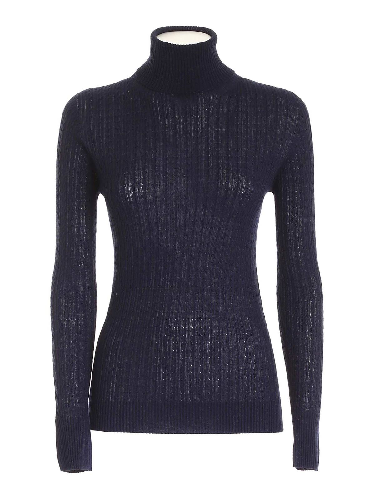 Les Copains Laminated Cabled Knit Turtleneck Jumper In Blue | ModeSens