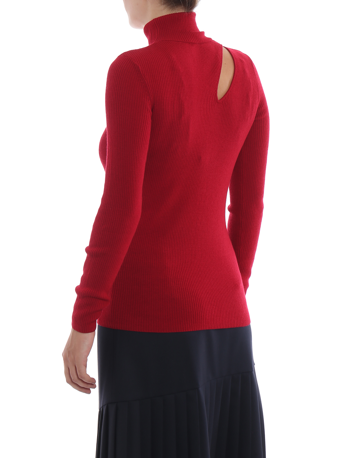 red ribbed turtleneck sweater