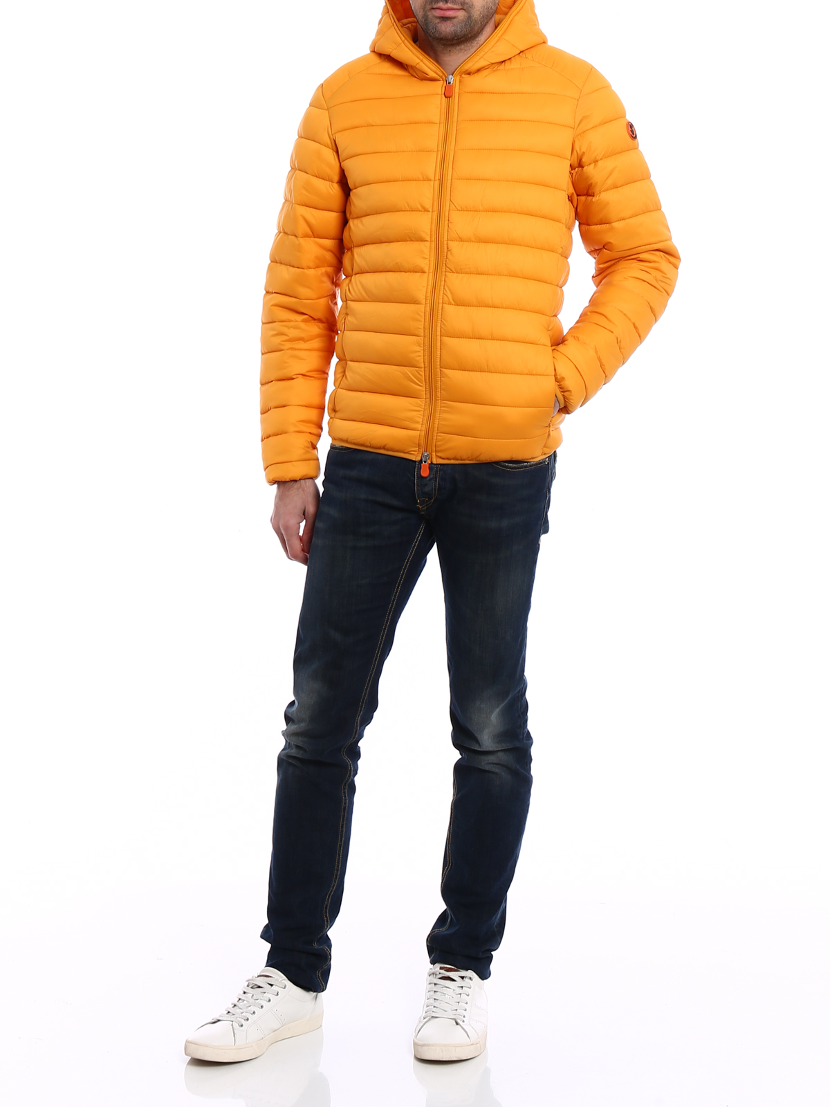 orange hooded puffer jacket