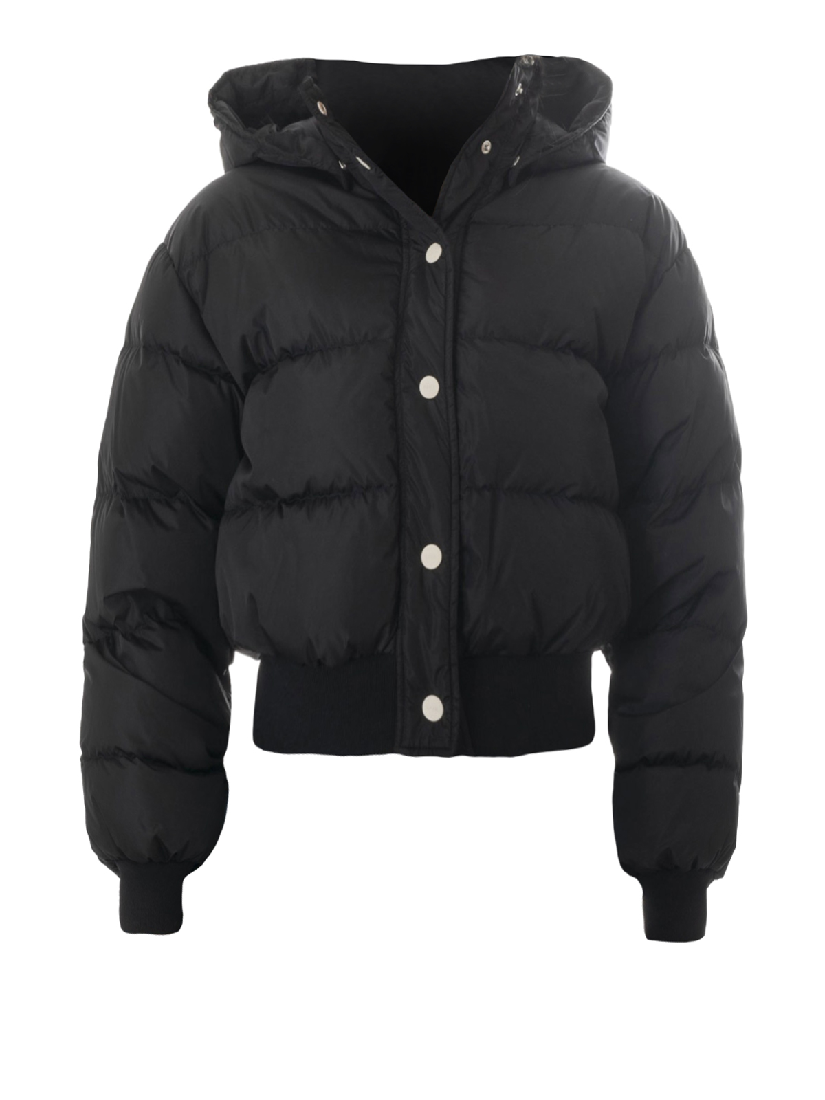 black cropped puffer with hood