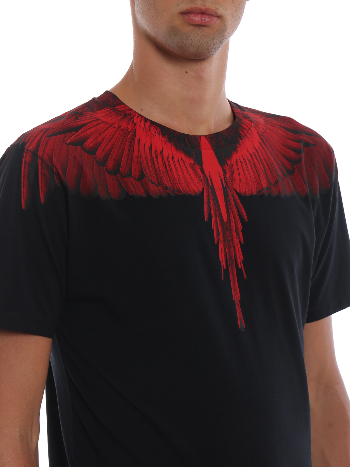black t shirt with red print