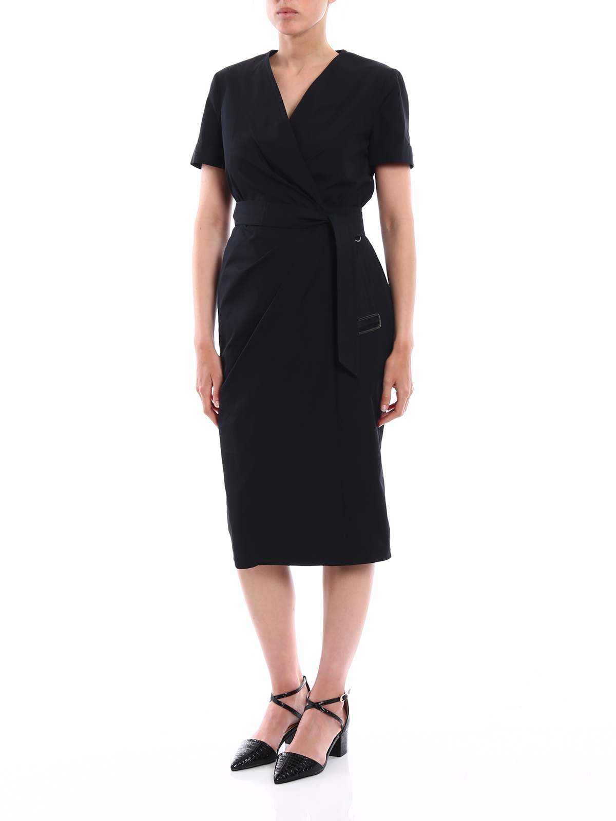 Max Mara - Dalmine solid black wrap dress - knee length dresses ...