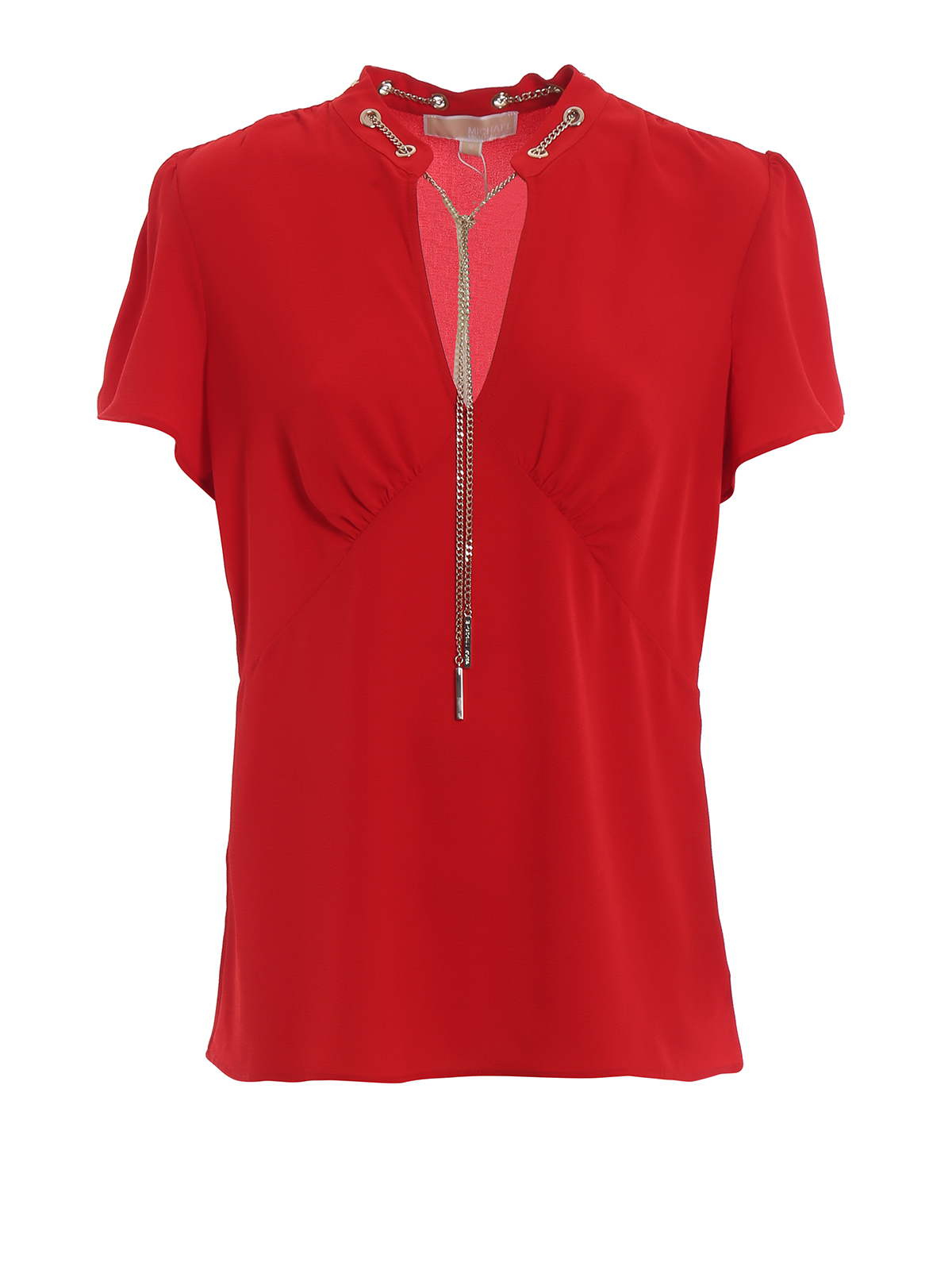 Red blouse with gold-tone chain 