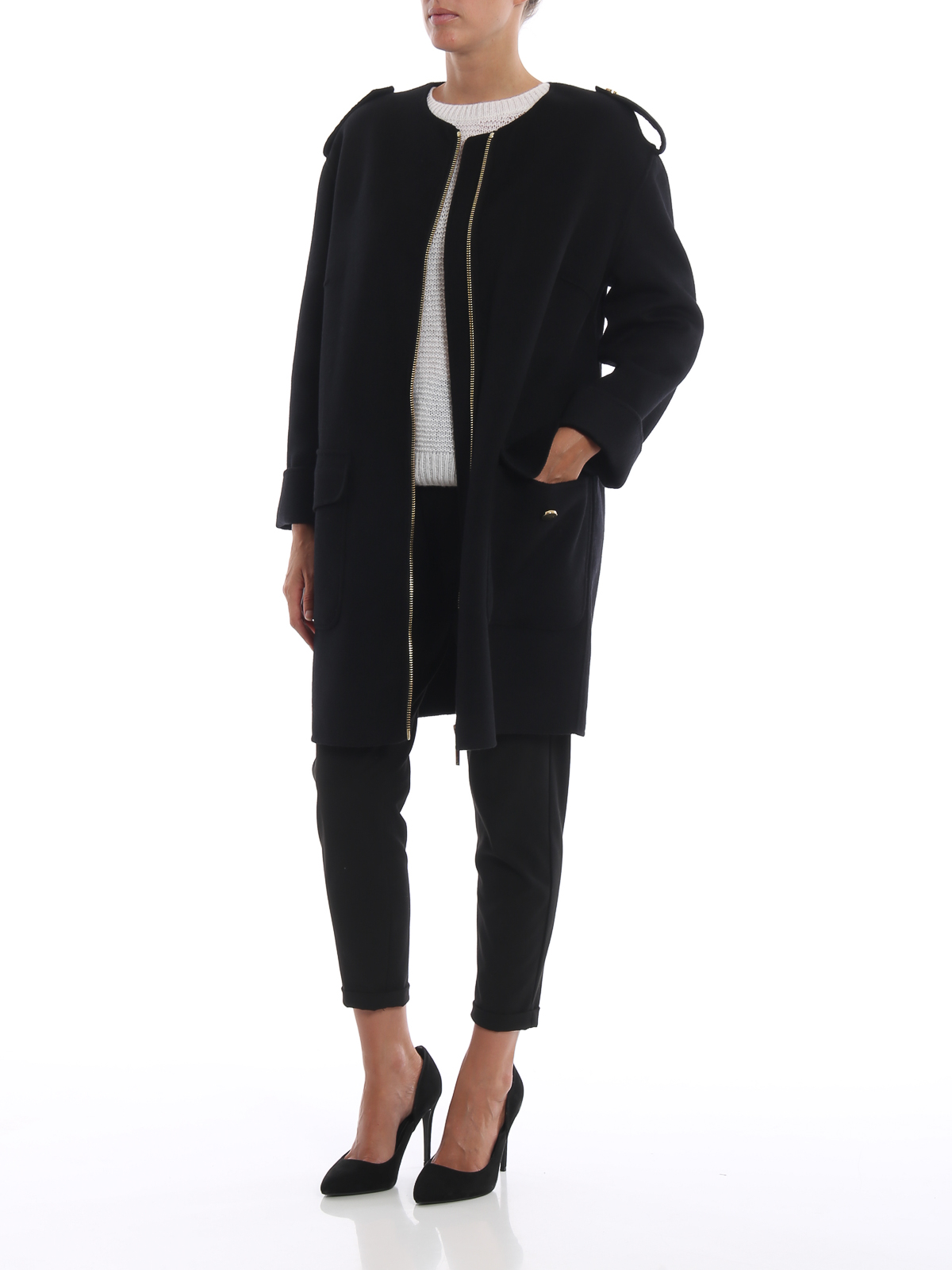 Knee length coats Michael Kors - Black collarless coat with gold zipper -  MH72HSL787001