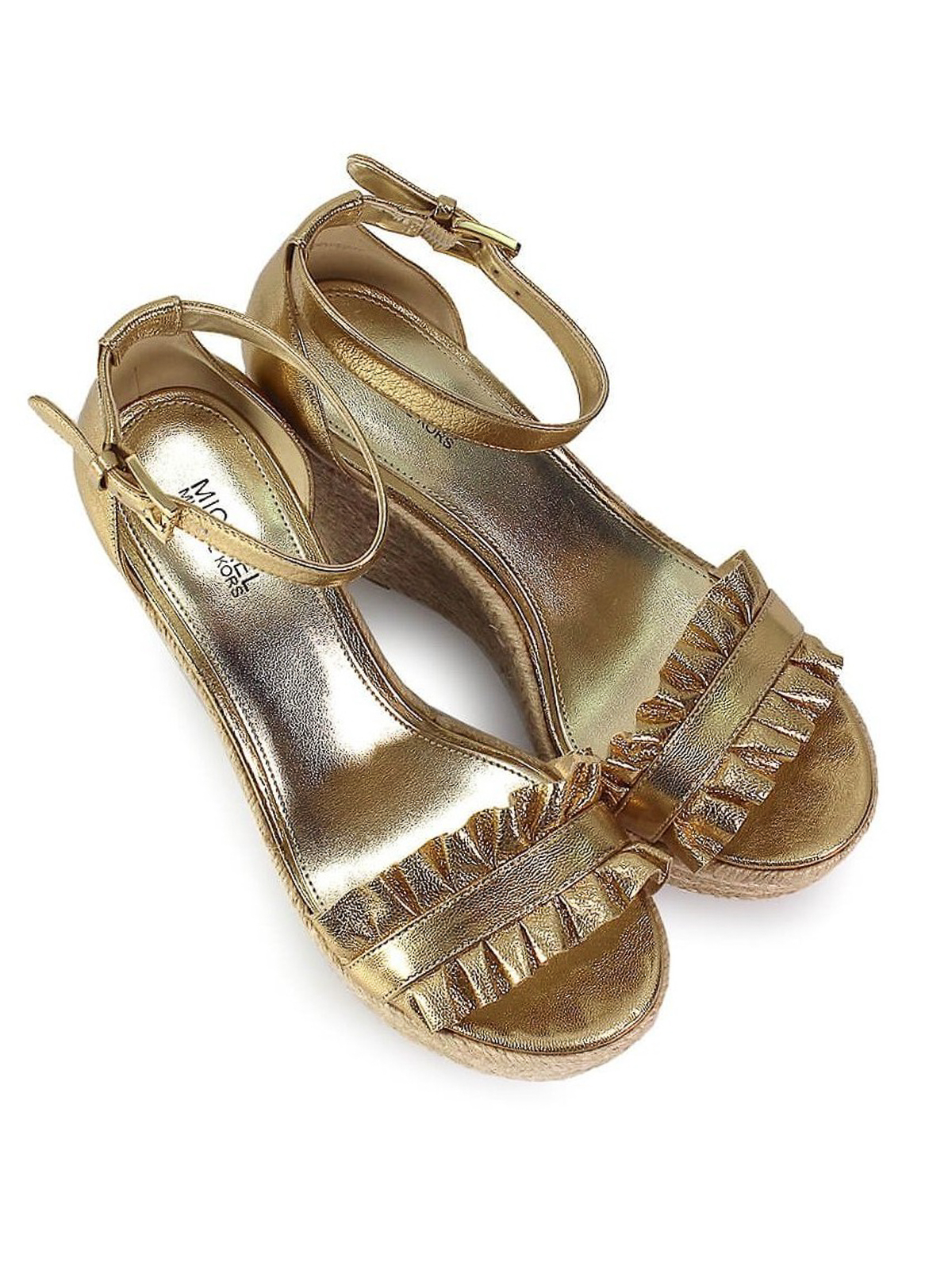 Bella golden wedge ruffle sandals 