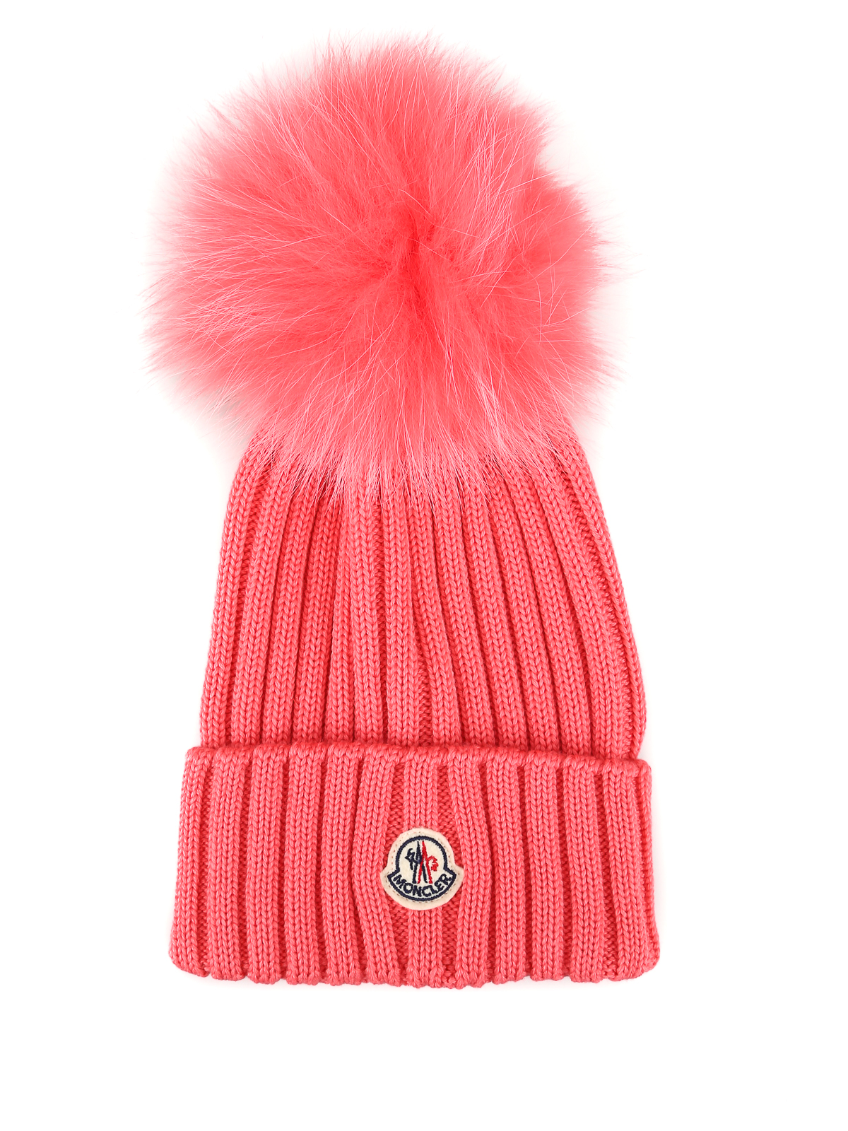 Moncler Fur Pompom Rib Knitted Wool Beanie In Pink