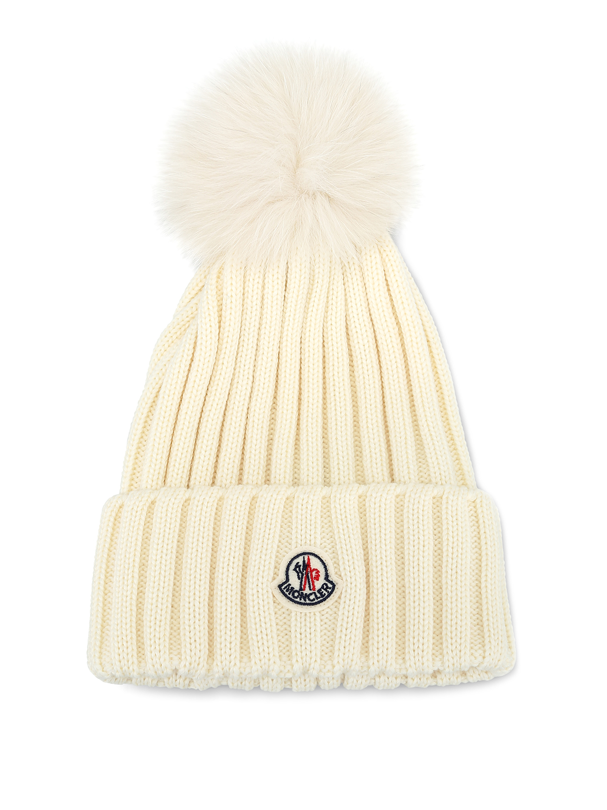 Beanies Moncler - Fur pompom white ribbed wool beanie ...