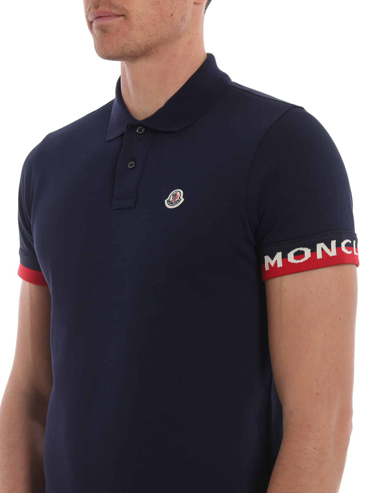 Polo shirts Moncler - Blue pique polo shirt with striped cuffs ...