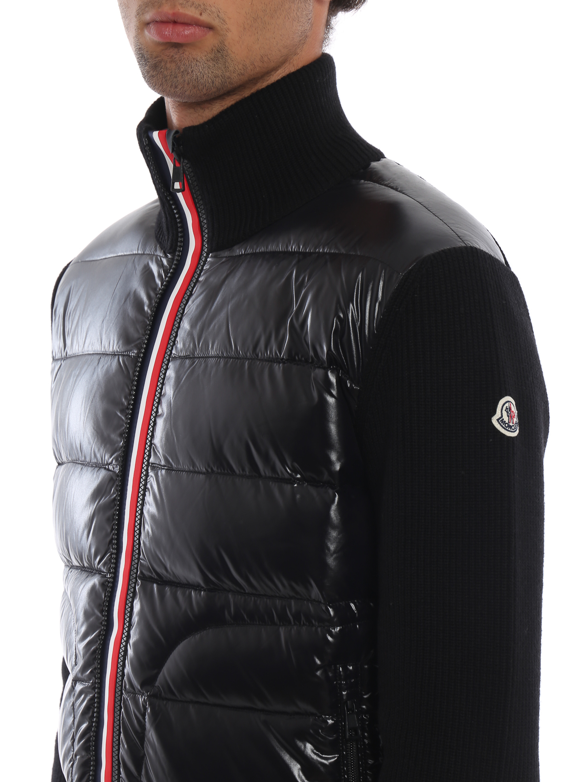 Casual jackets Moncler - Knit wool and padded nylon zip black jacket ...