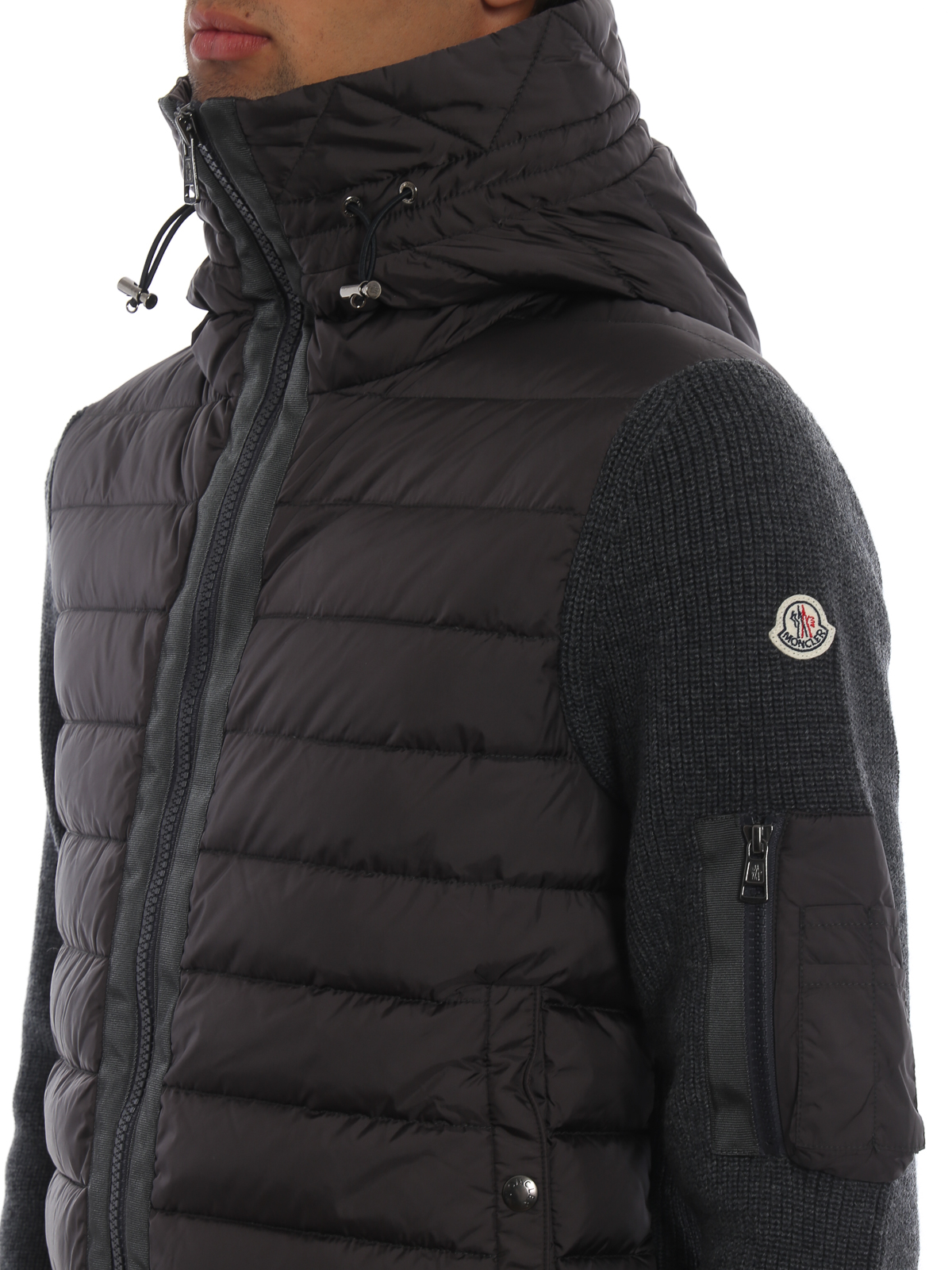 Puffer nylon hood and front zip knit 