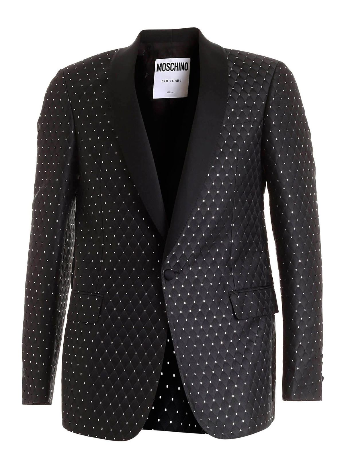 Blazers Moschino - Jacquard fabric black jacket featuring silver ...