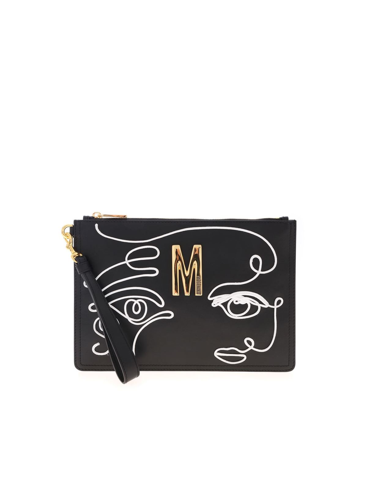 MOSCHINO WHITE DRAWING CLUTCH BAG IN BLACK
