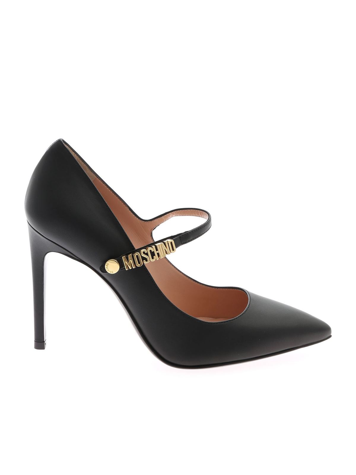 MOSCHINO GOLD LOGO LEATHER PUMPS IN BLACK