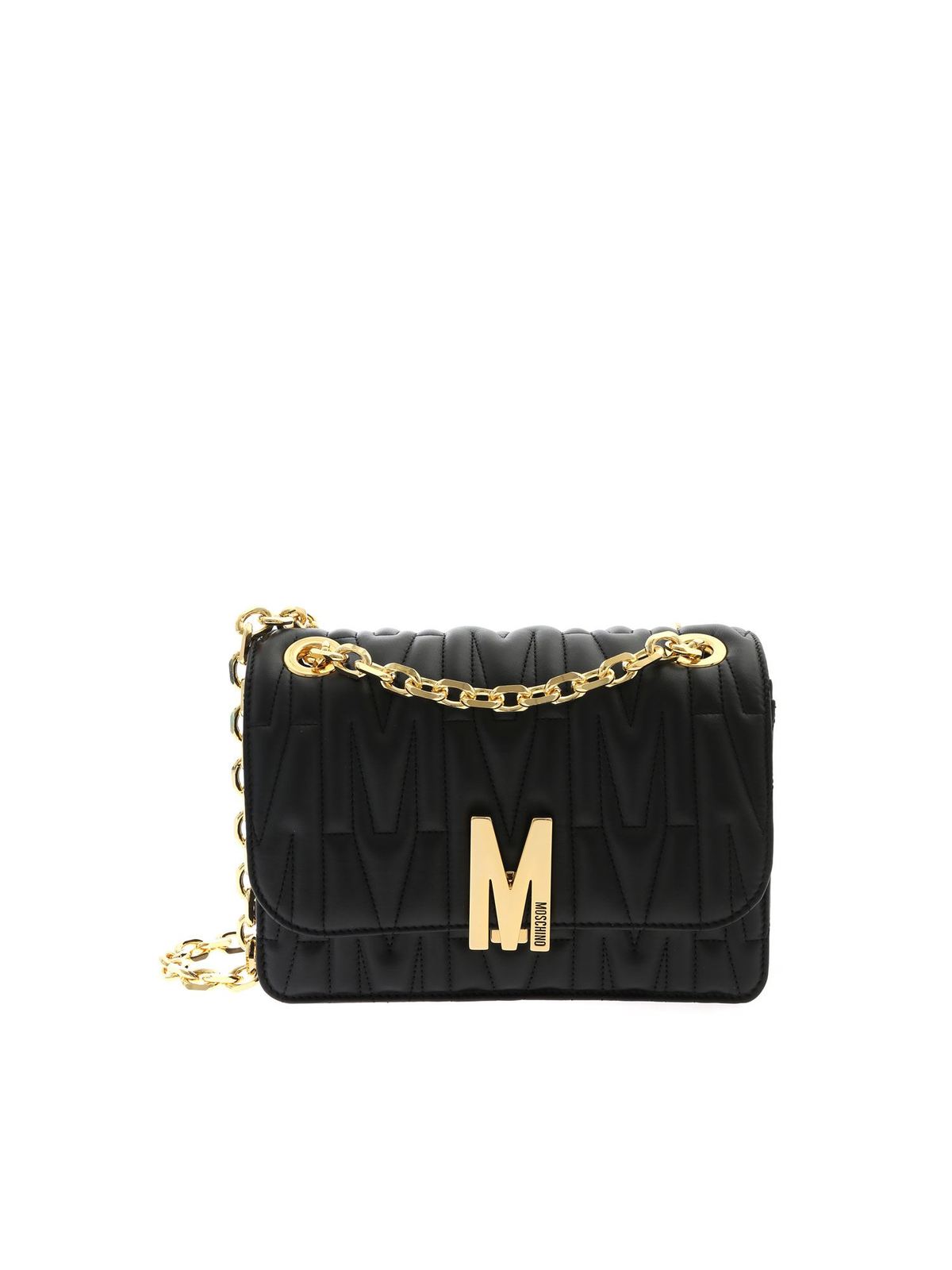 MOSCHINO M QUILTED LEATHER SHOULDER BAG IN BLACK