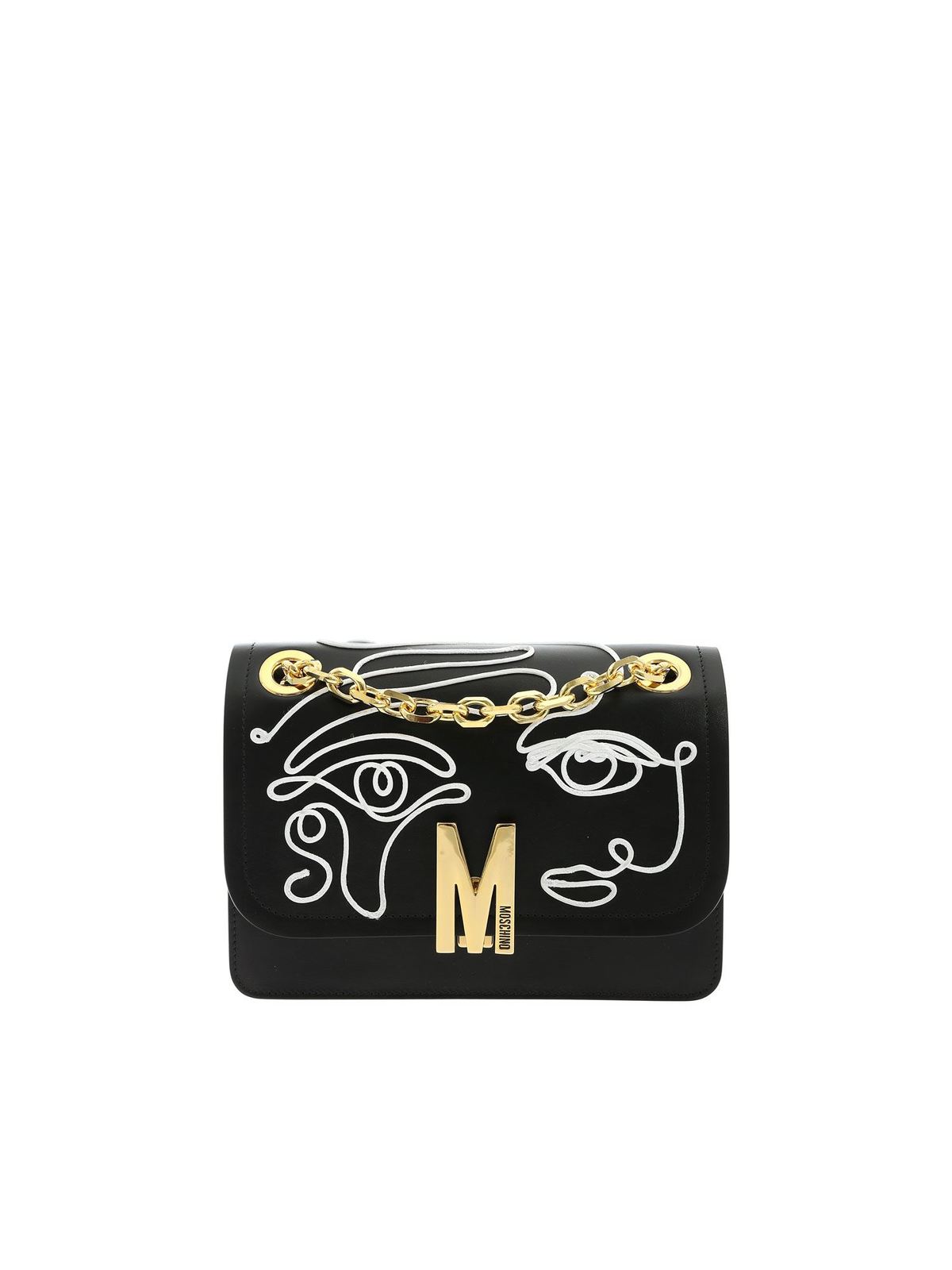 Moschino White Drawing Shoulder Bag In Black