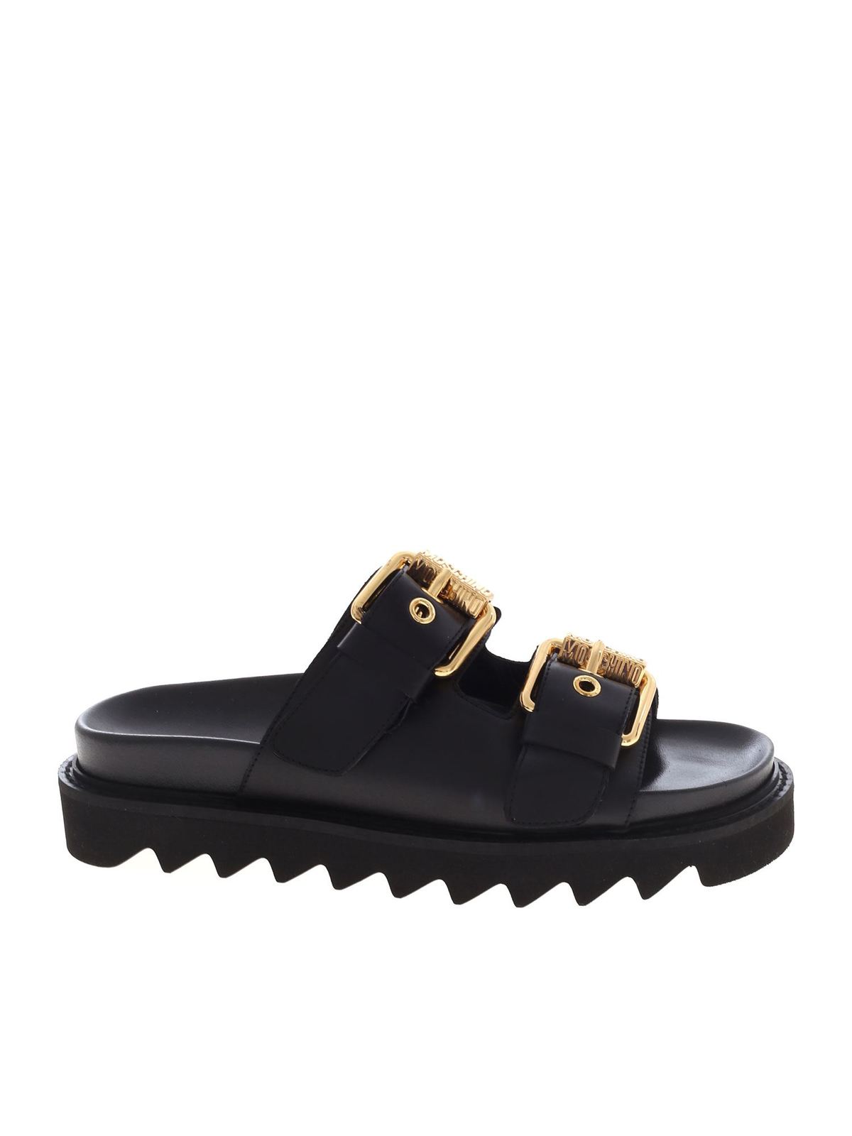 MOSCHINO BRANDED BUCKLES SANDALS IN BLACK