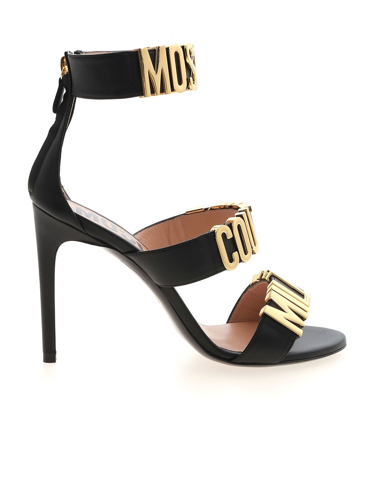 Sandals Moschino - Golden logo lettering sandals in black ...