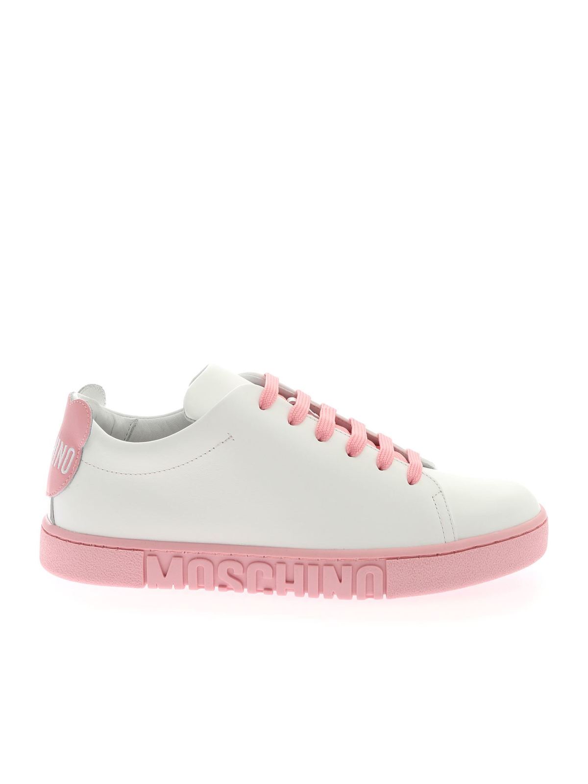 MOSCHINO TEDDY PATCH SNEAKERS IN WHITE AND PINK